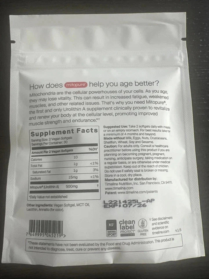 Time-Line Longevity Supplement Mitopure Urolithin A 60 Softgels